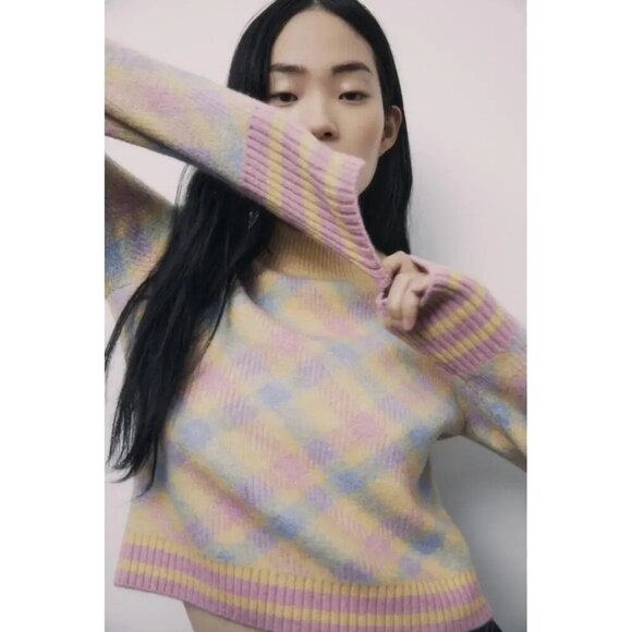 NWOT Zara multicoloured, pastel diamond checkered print wool blend sweater, M - Picture 3 of 8